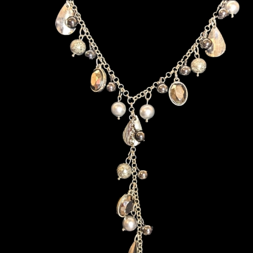Vintage New York and Company Silver Jeweled Y Necklace